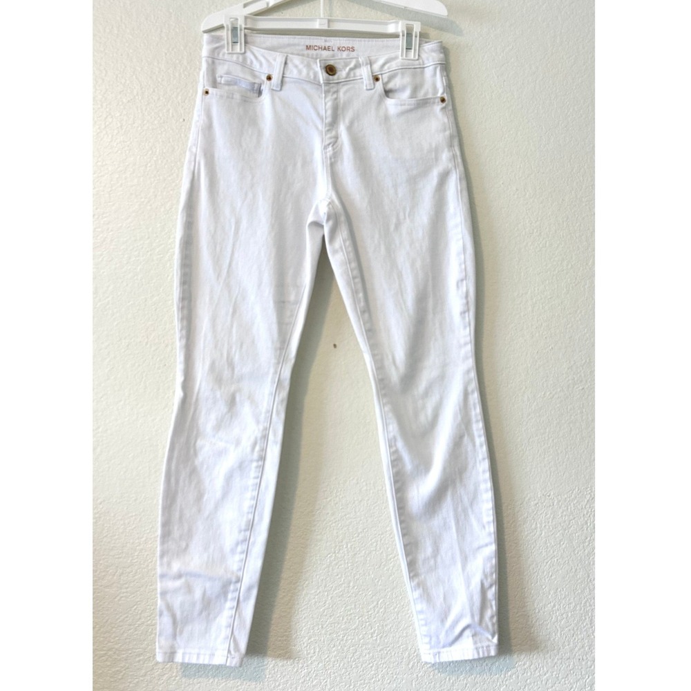 Michael Kors Izzy Skinny Jeans White Stretch Denim Pants Size‎ 4 Gold Hardware